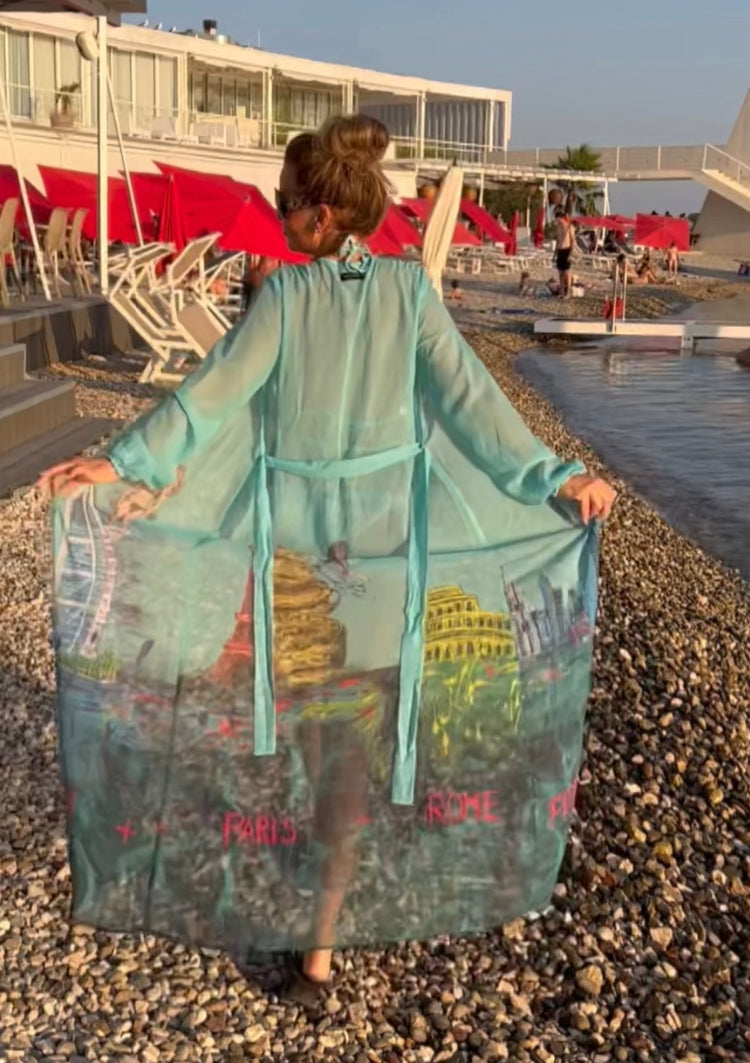 Kimono „Skyline Art“, türkis, selbstgemaltes Motiv, Größe S