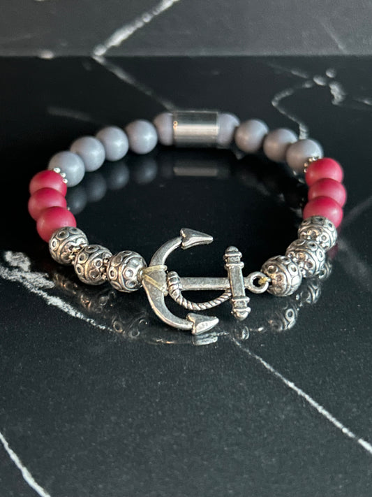 Heilstein-Perlenarmband „Heal“ mit Anker, Farbe bordeaux/grau, Größe M