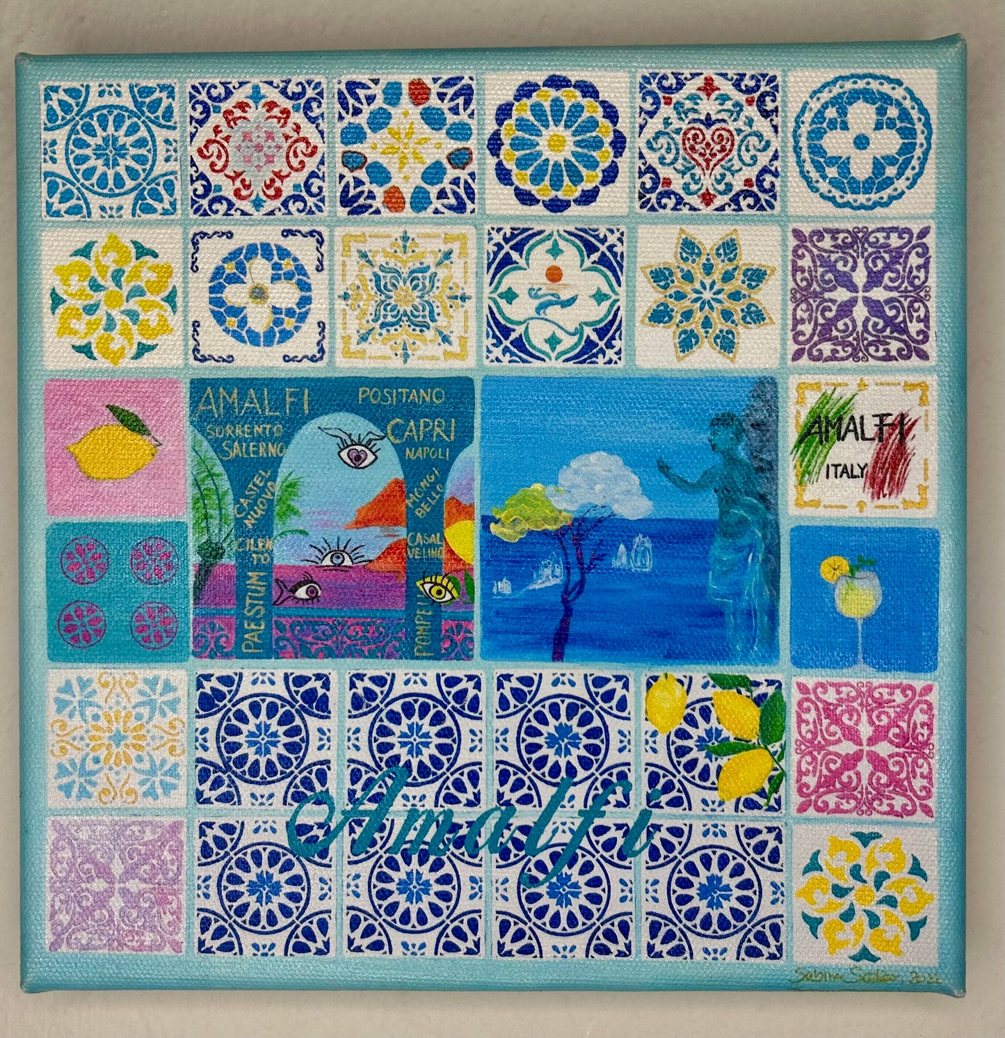 Selbstgemaltes Kunstwerk als Kunstdruck auf Canvas, "Amalfi Love", Größe 20x20cm