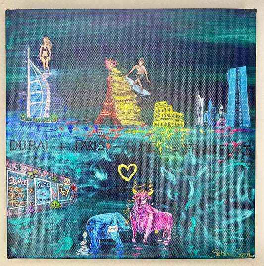 Selbstgemaltes Kunstwerk als Kunstdruck auf Canvas, "Dubai+Paris-Rome=Frankfurt", Größe 20x20cm