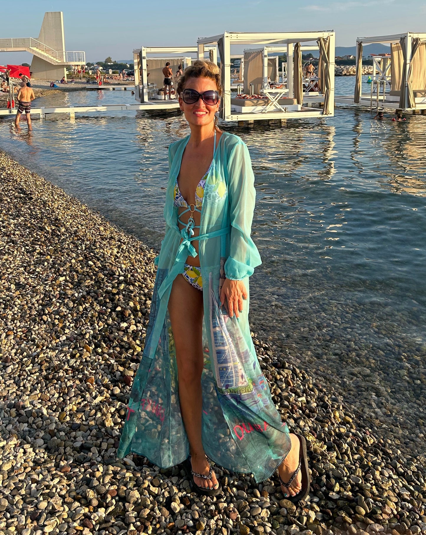 Kimono „Skyline Art“, türkis, selbstgemaltes Motiv, Größe S