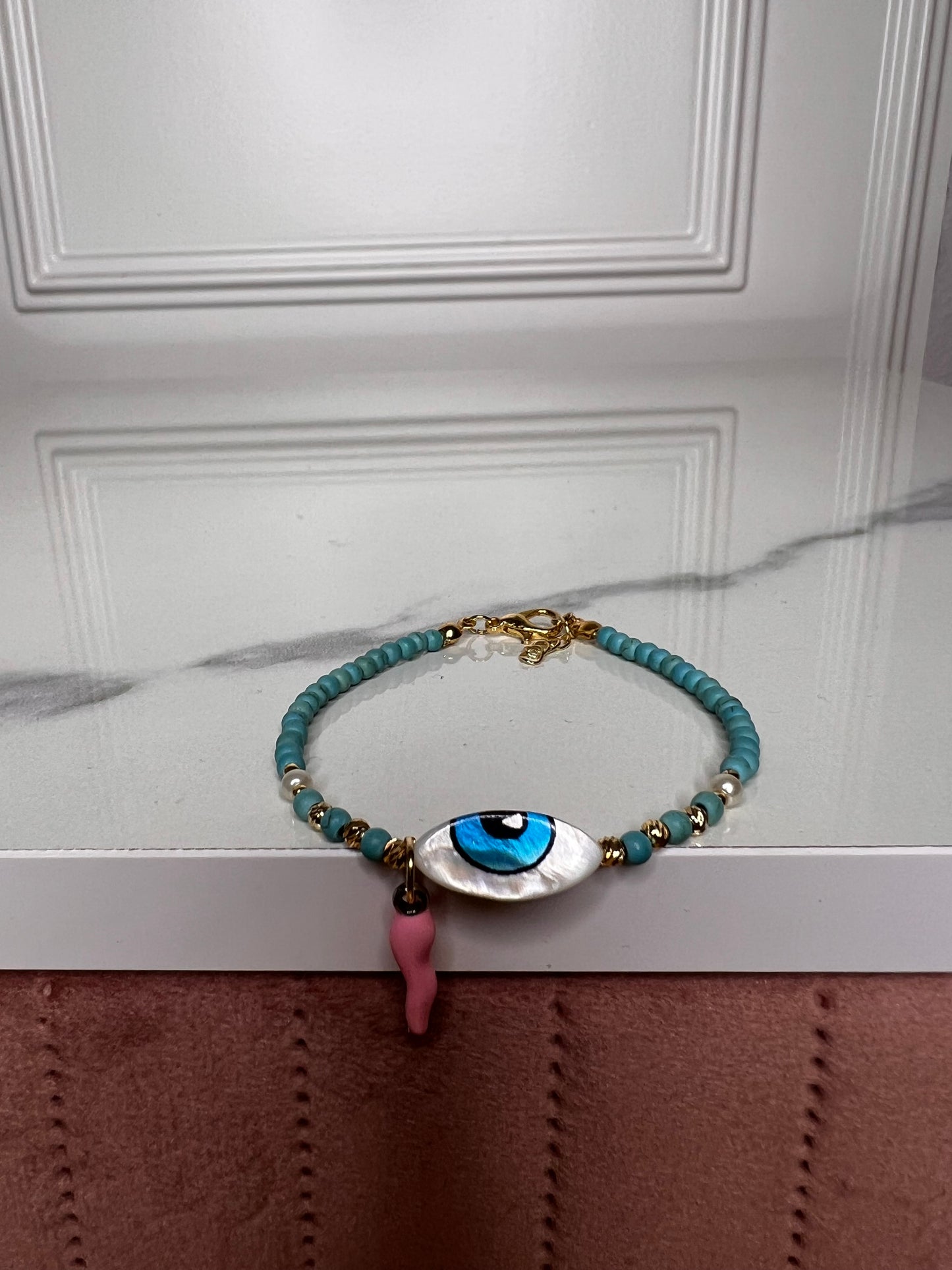 Heilstein-Perlenarmband „Turquoise Eye“, Farbe türkis/rosa, Größe S/M