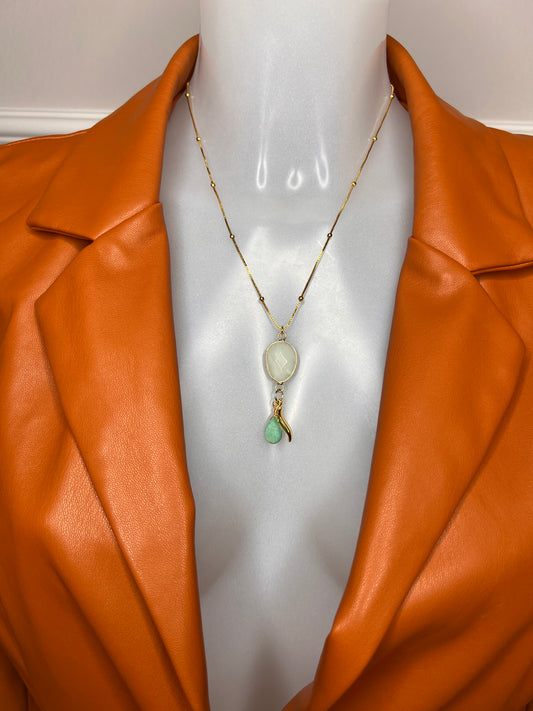 Halskette „Amazonit Balence“, 14KT gold plated mit Heilsteinen und Glücks-Horn