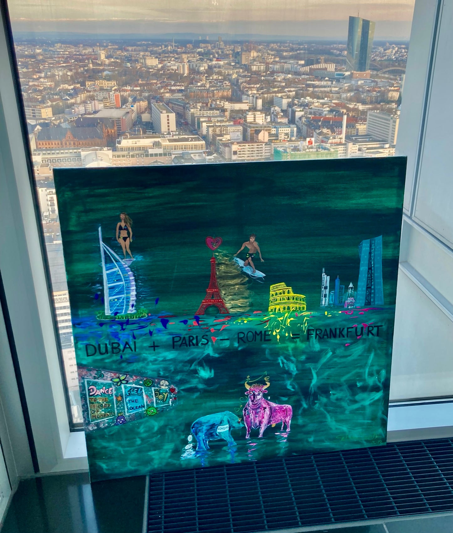 Kimono „Skyline Art“, türkis, selbstgemaltes Motiv, Größe S