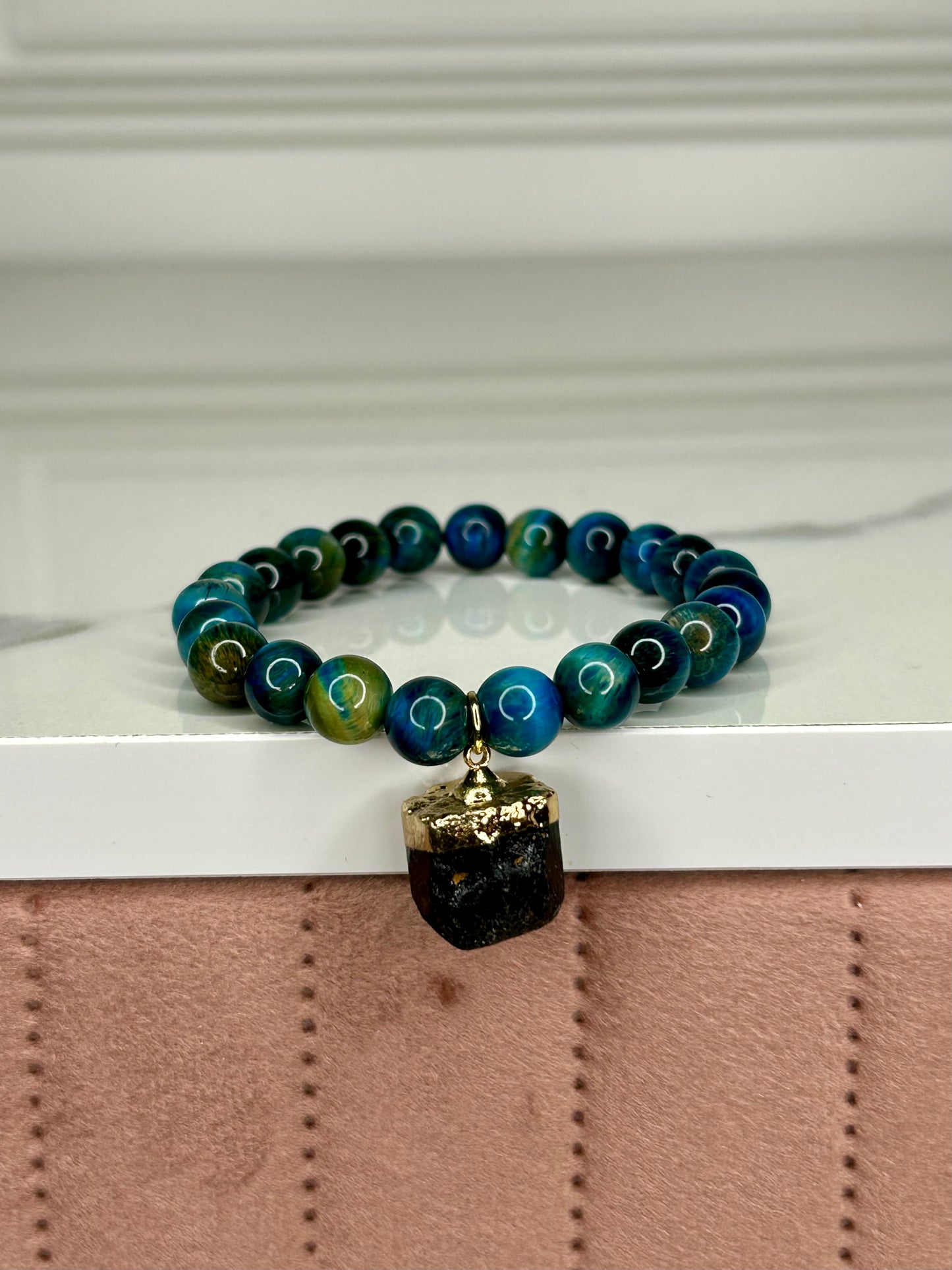 Heilstein-Perlenarmband „Turmalin", Farbe türkis/blau Größe S