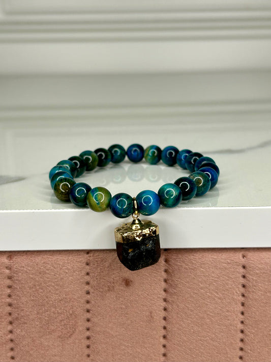 Heilstein-Perlenarmband „Turmalin", Farbe türkis/blau Größe S