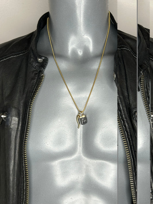 Halskette „Black Turmalin“, 14KT gold plated mit Heilstein und Glücks-Horn