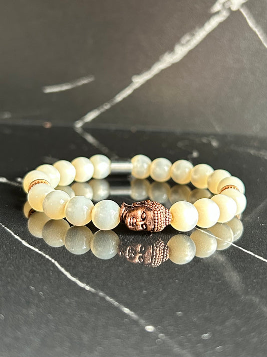 Heilstein-Perlenarmband „Heal", Motiv Buddha, farbe crème, Größe S