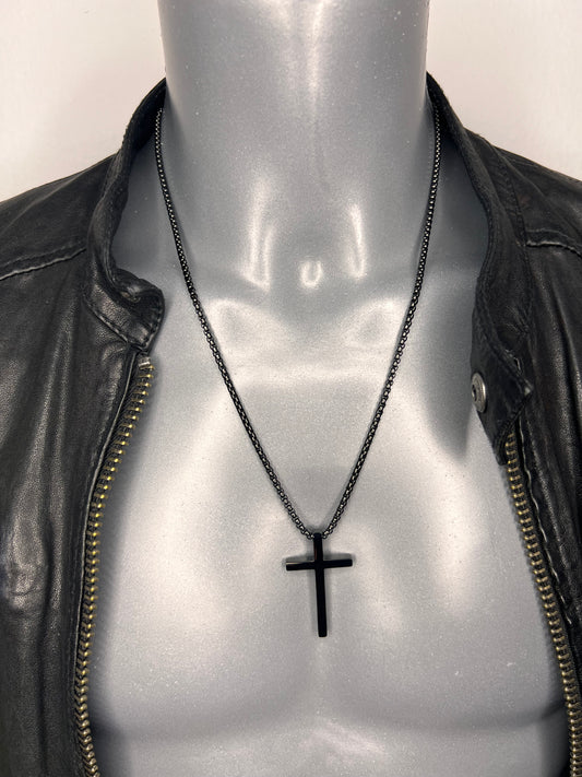 Lucky Charm Halskette „DJODIVIN Kreuz“, 14KT white gold plated/ schwarz