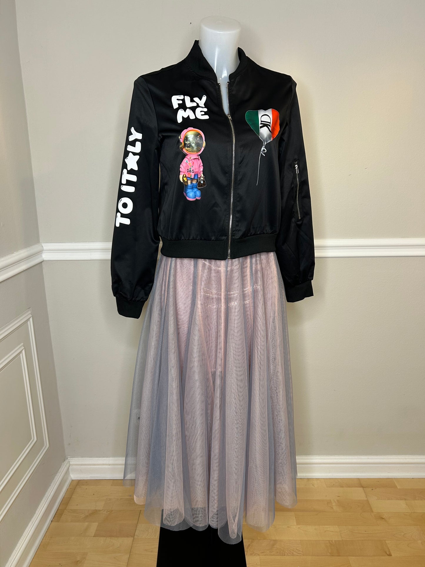 Bomberjacke Fly me to Italy, schwarz, Größe S