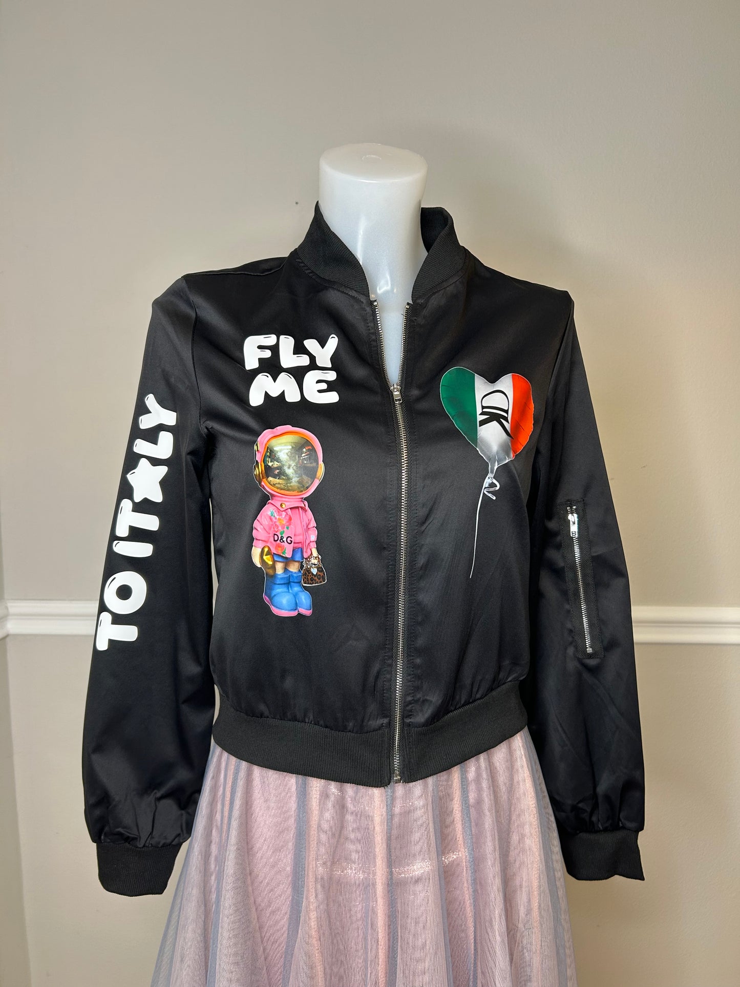 Bomberjacke Fly me to Italy, schwarz, Größe S