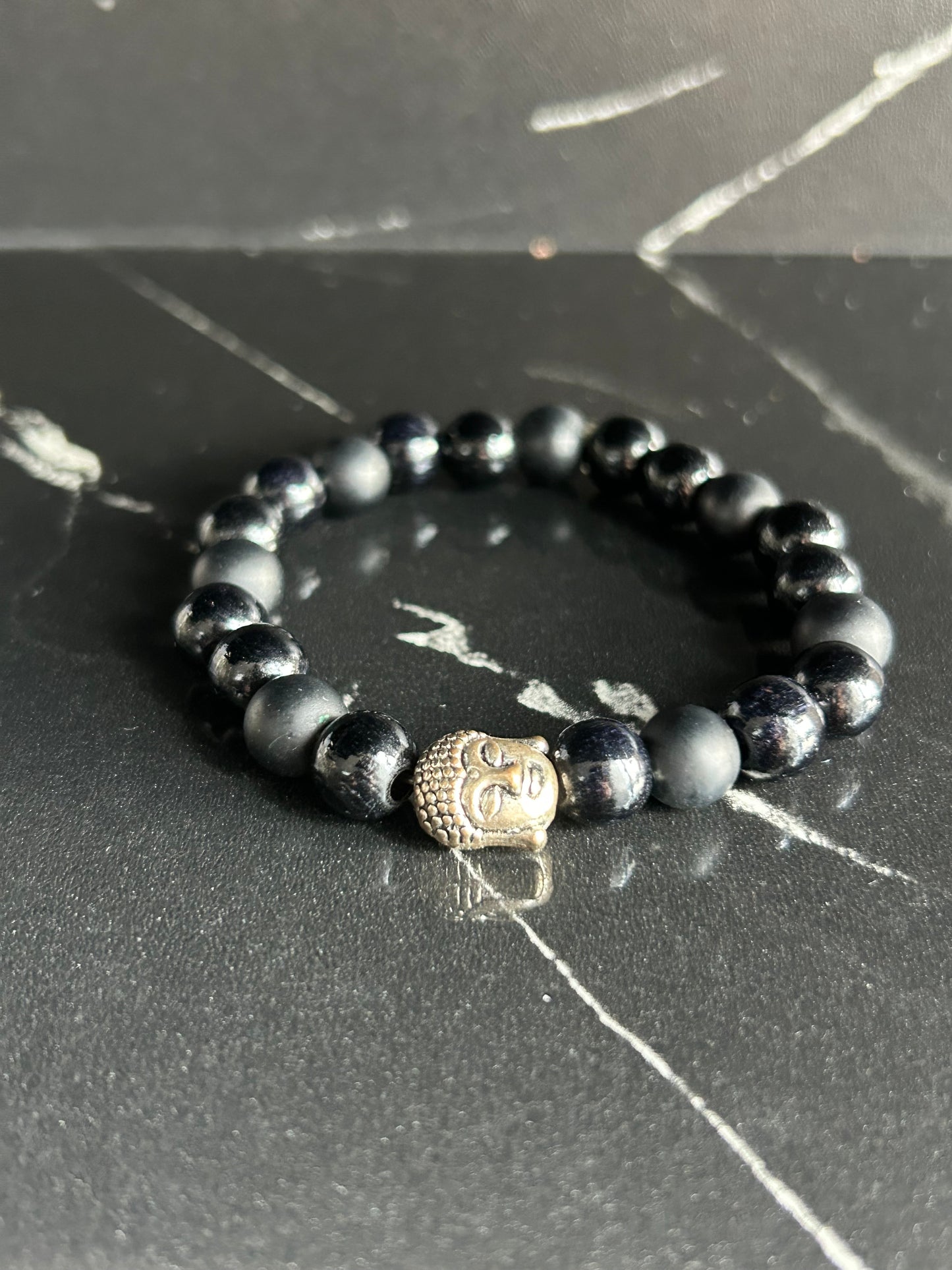 Heilstein-Perlenarmband „Zen“, Motiv Buddha, Farbe schwarz, Größe S