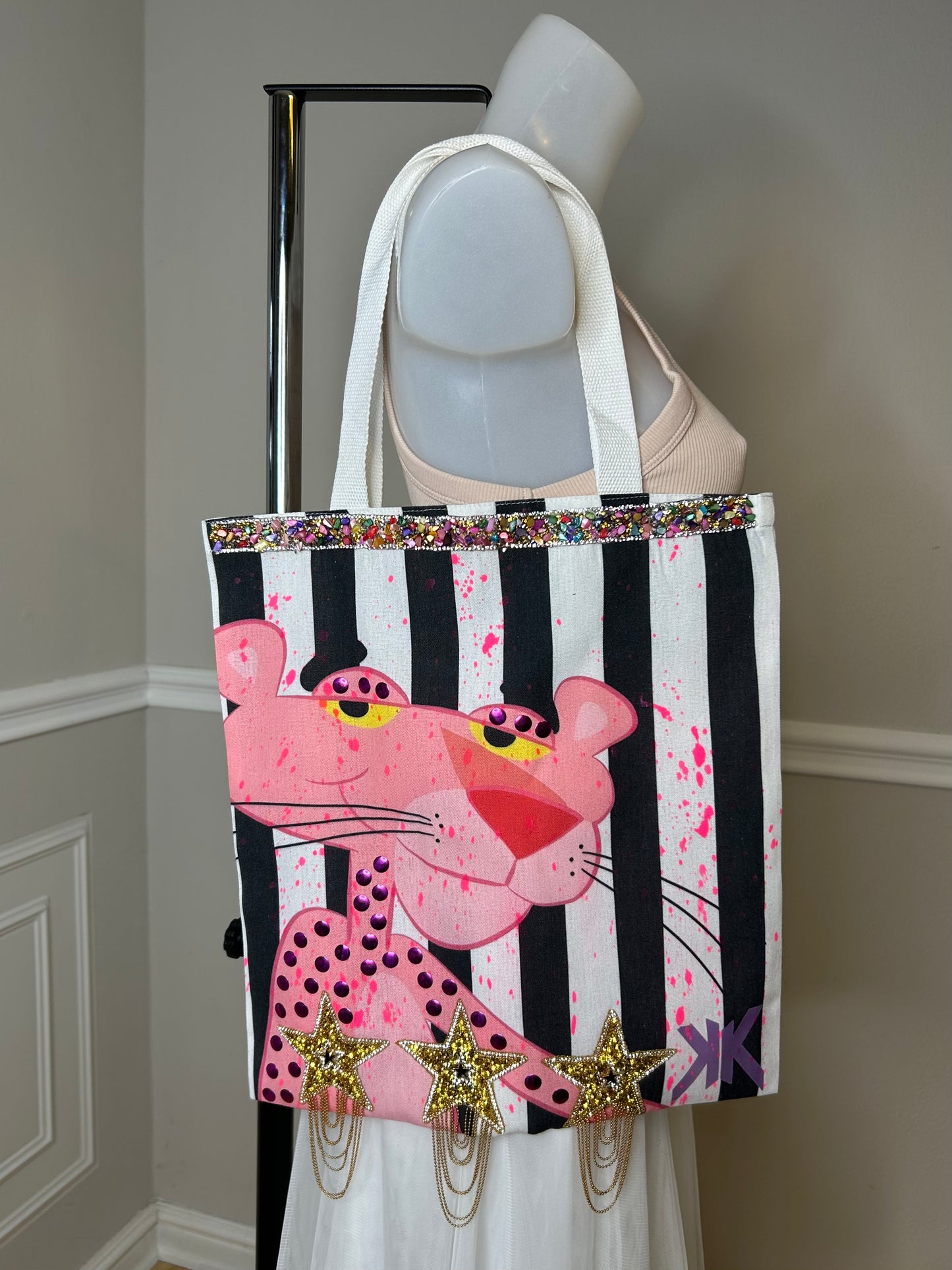 Shopper Bag „Pinky Cat“, weiss/ bunt, 35x38cm+Gurt