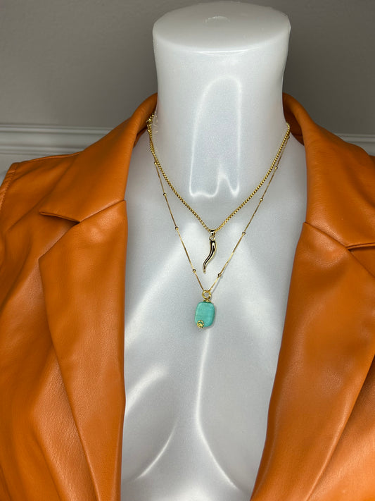 2-er Halskette „Amazonit Balence“, 14KT gold plated mit Heilsteinen und Glücks-Horn