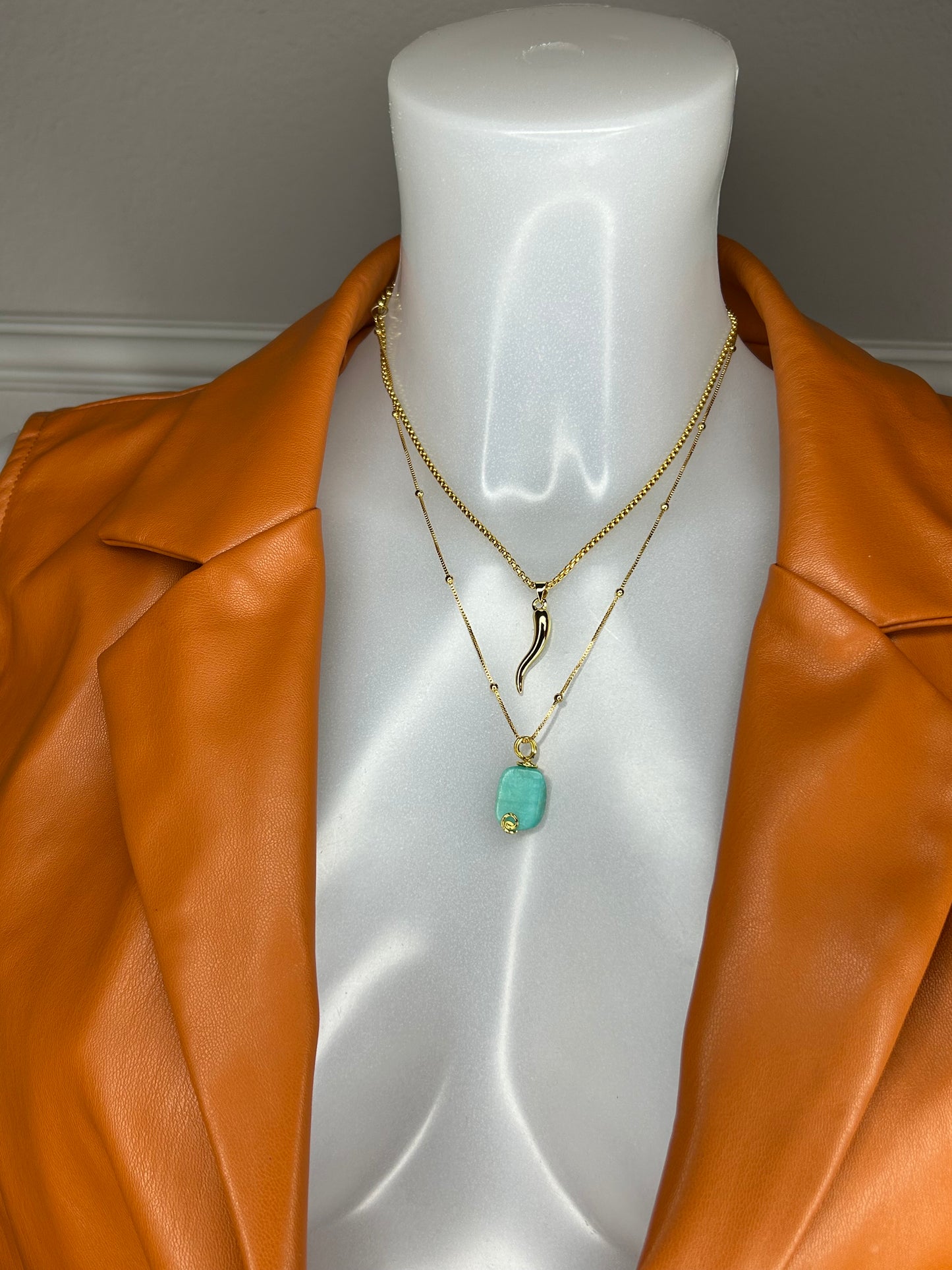 2-er Halskette „Amazonit Balence“, 14KT gold plated mit Heilsteinen und Glücks-Horn