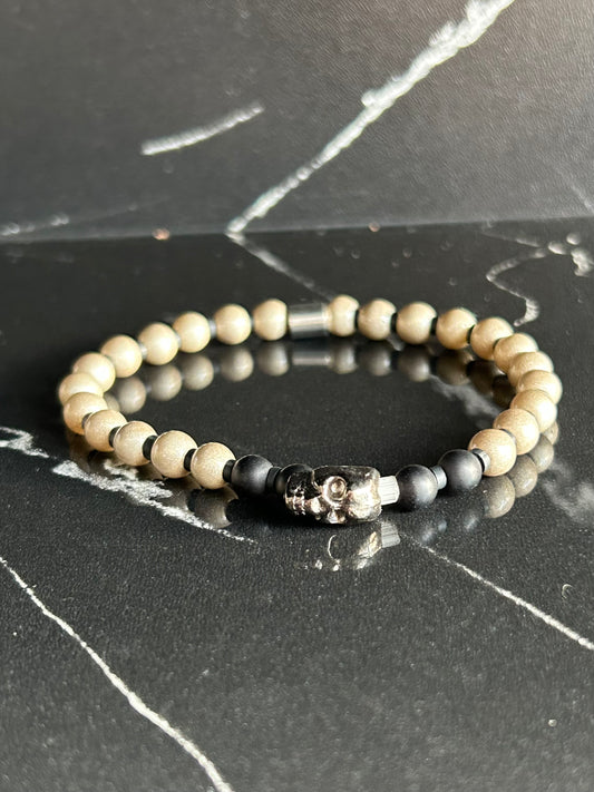 Heilstein-Perlenarmband „Immortal“ mit Totenkopf, Farbe grau/schwarz, Größe M