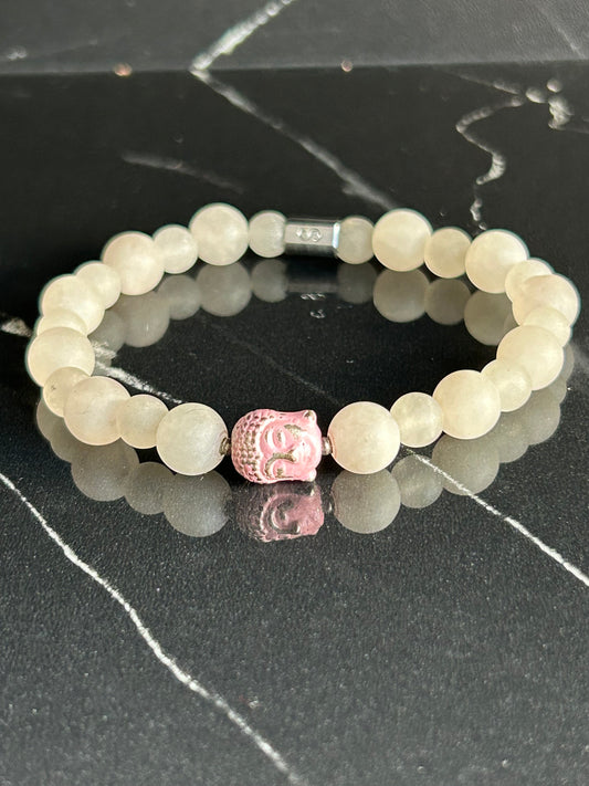 Heilstein-Perlenarmband „Zen“ mit Buddha, Farbe weiss/rosa, Größe L