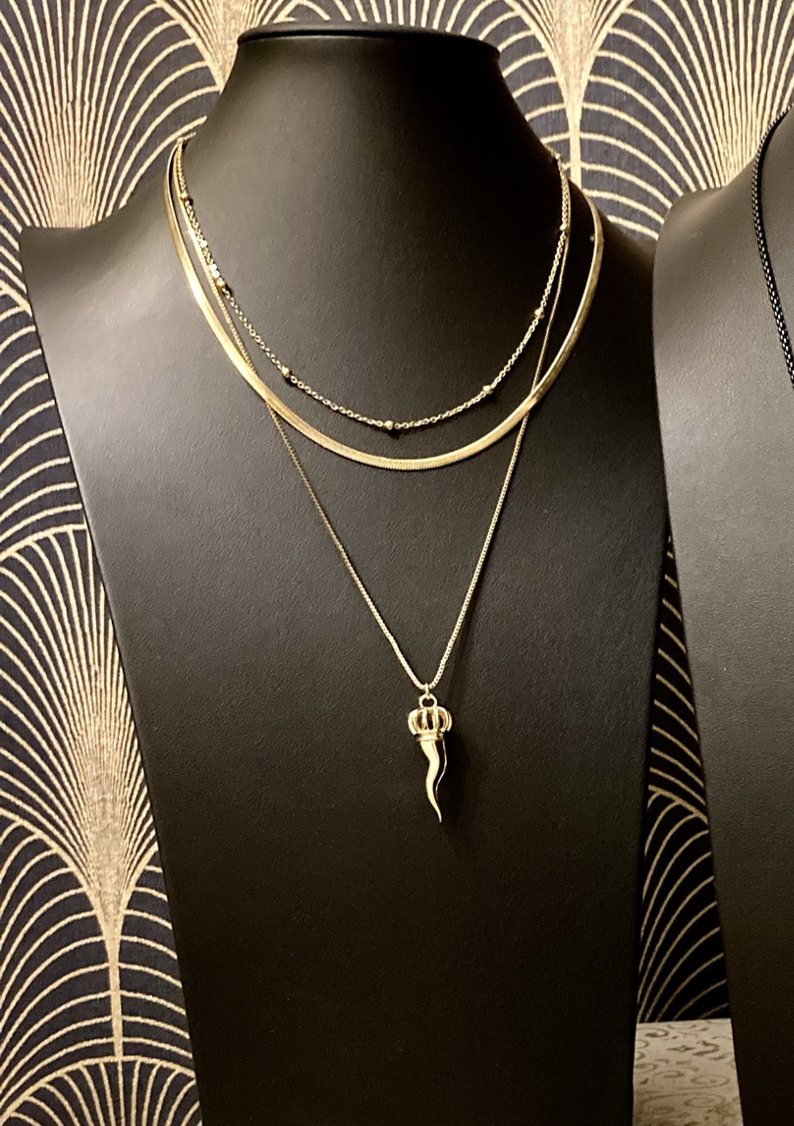 Lucky Charm 3-layer Necklace, 18KT gold plated with Bullhorn