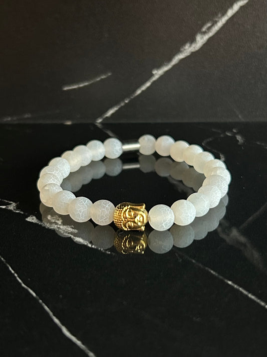 Heilstein-Perlenarmband „Zen“ mit Buddha, Farbe weiss/gold, Größe M