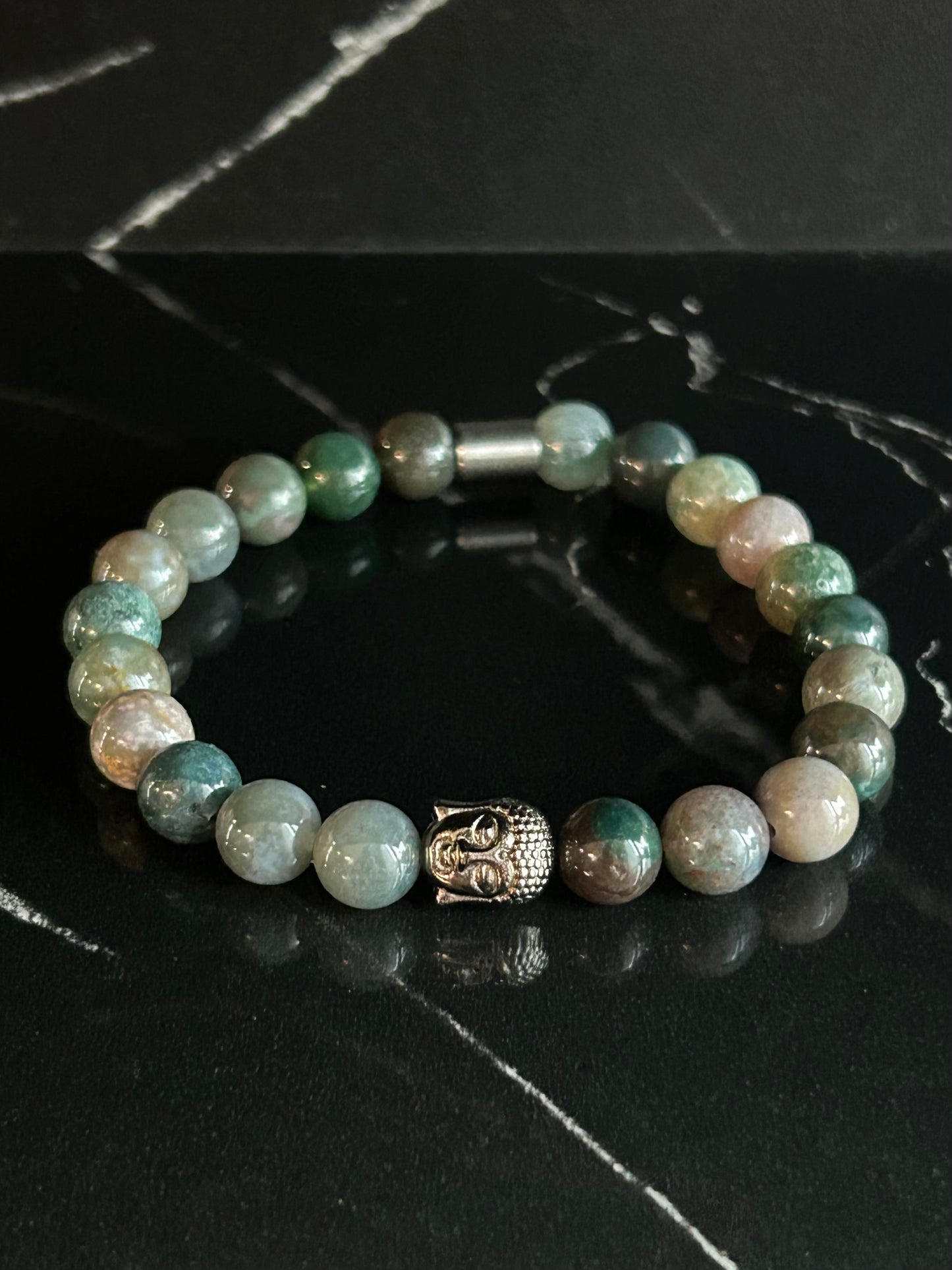 Heilstein-Perlenarmband „Zen“ mit Buddha, Farbe grün, Größe M