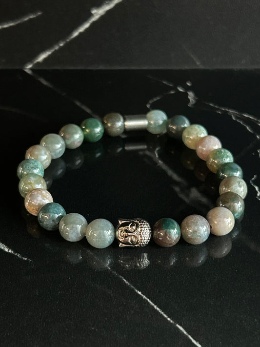 Heilstein-Perlenarmband „Zen“ mit Buddha, Farbe grün, Größe M