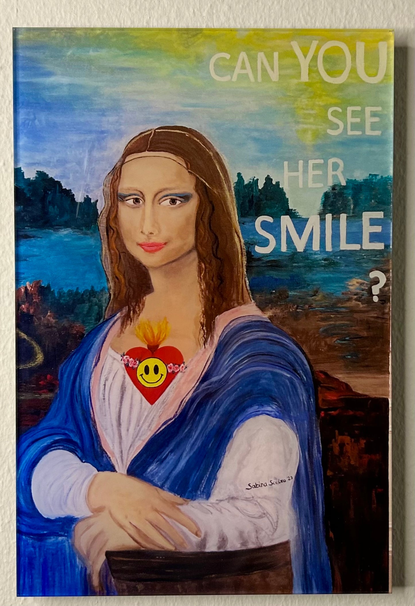 Selbstgemaltes Kunstwerk als Kunstdruck auf Acryl, "Monalisa's Smiley", Größe 40x30cm