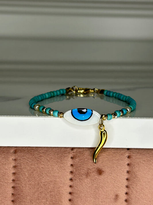 Heilstein-Perlenarmband „Turquoise Eye“, Farbe türkis/gold, Größe S/M