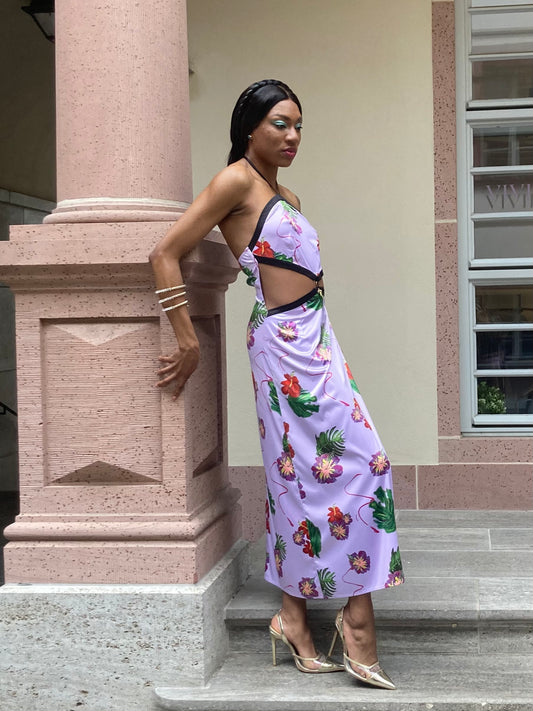 Neckholder-Kleid "Lavender", selbstgemaltes Motiv, Größe S/M