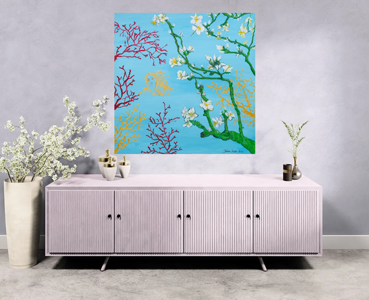 Original-Gemälde, 100x100cm, Coral Blossom, Acryl & Öl auf Leinwand