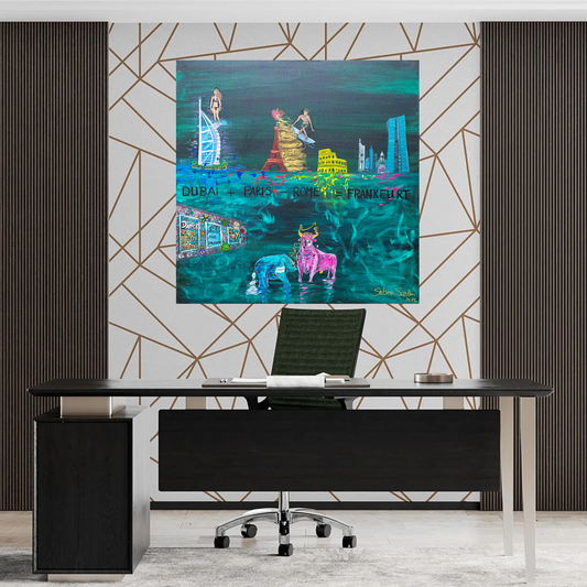 Original-Gemälde, 100x100cm, "Dubai+Paris-Rome=Frankfurt", Acryl & Öl auf Leinwand