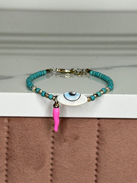 Heilstein-Perlenarmband „Turquoise Eye“, Farbe türkis/pink, Größe S/M