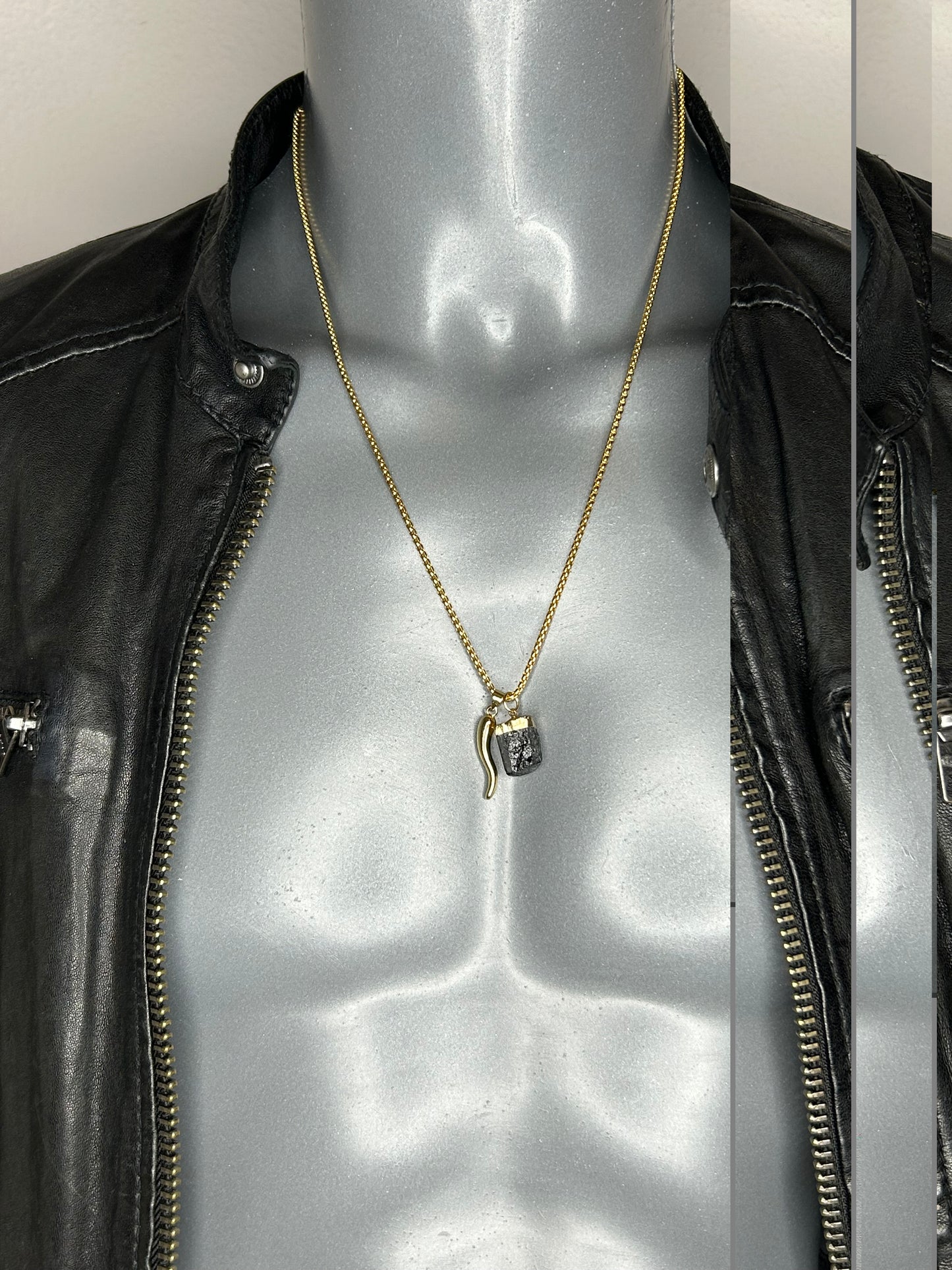 Halskette „Black Turmalin“, 14KT gold plated mit Heilstein und Glücks-Horn