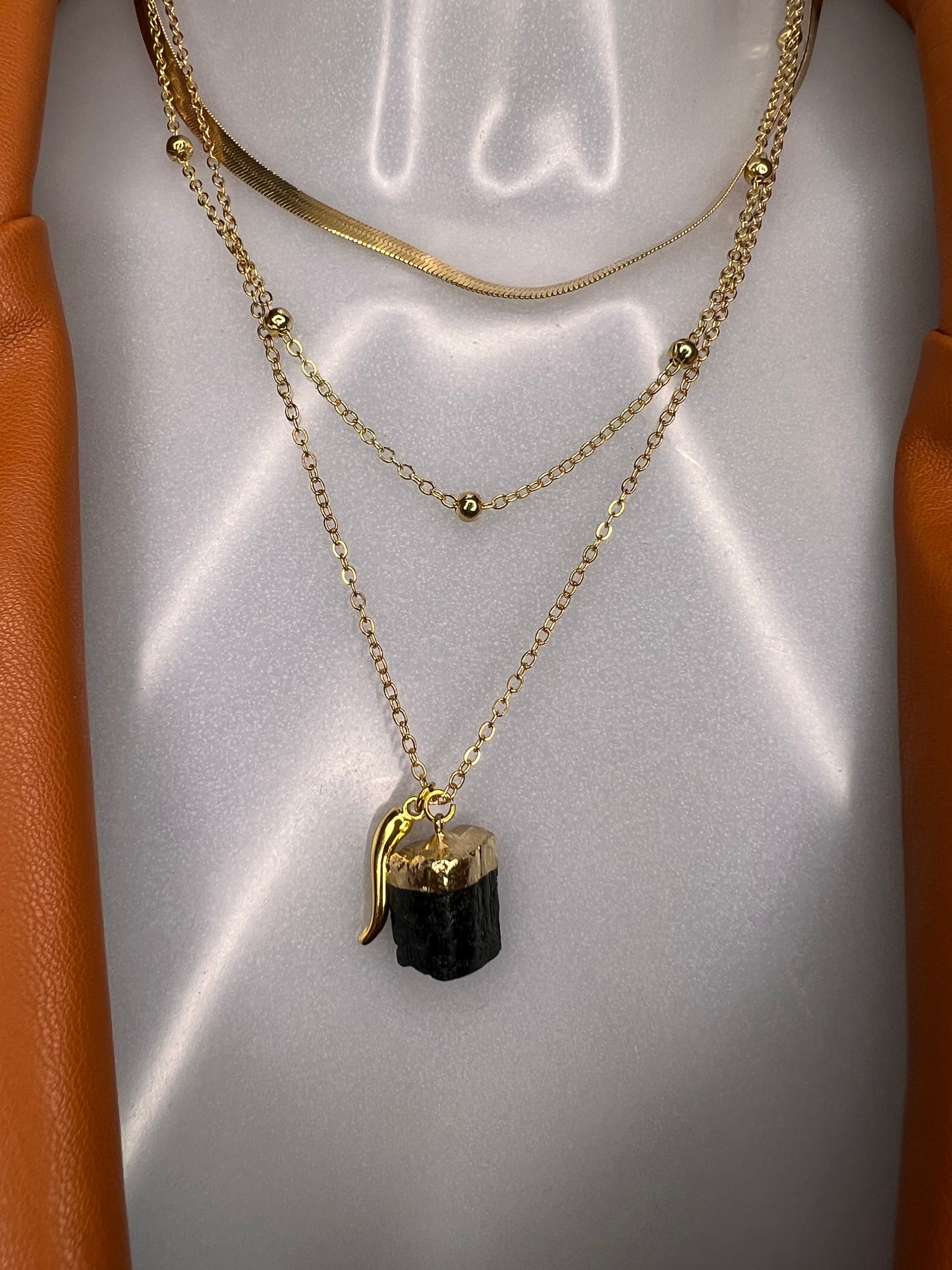 Halskette „Happy Turmalin“, 14KT gold plated und Glücks-Horn 3- Layer