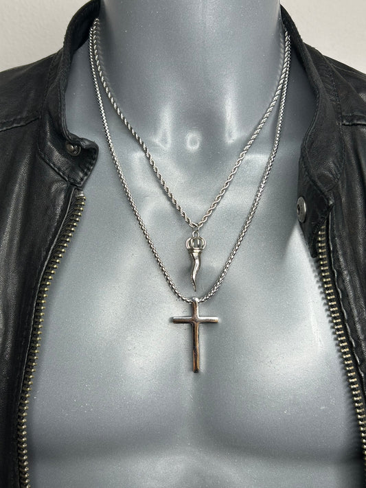 Lucky Charm 2er-Set Halskette „DJODIVIN Horn + Kreuz“, 14KT white gold/ platinum plated