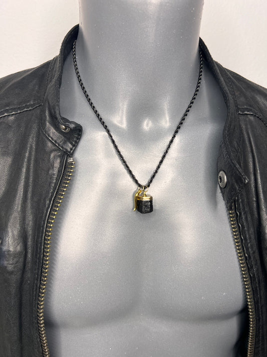Halskette „Black Turmalin“, 14KT gold plated/black mit Heilstein und Glücks-Horn