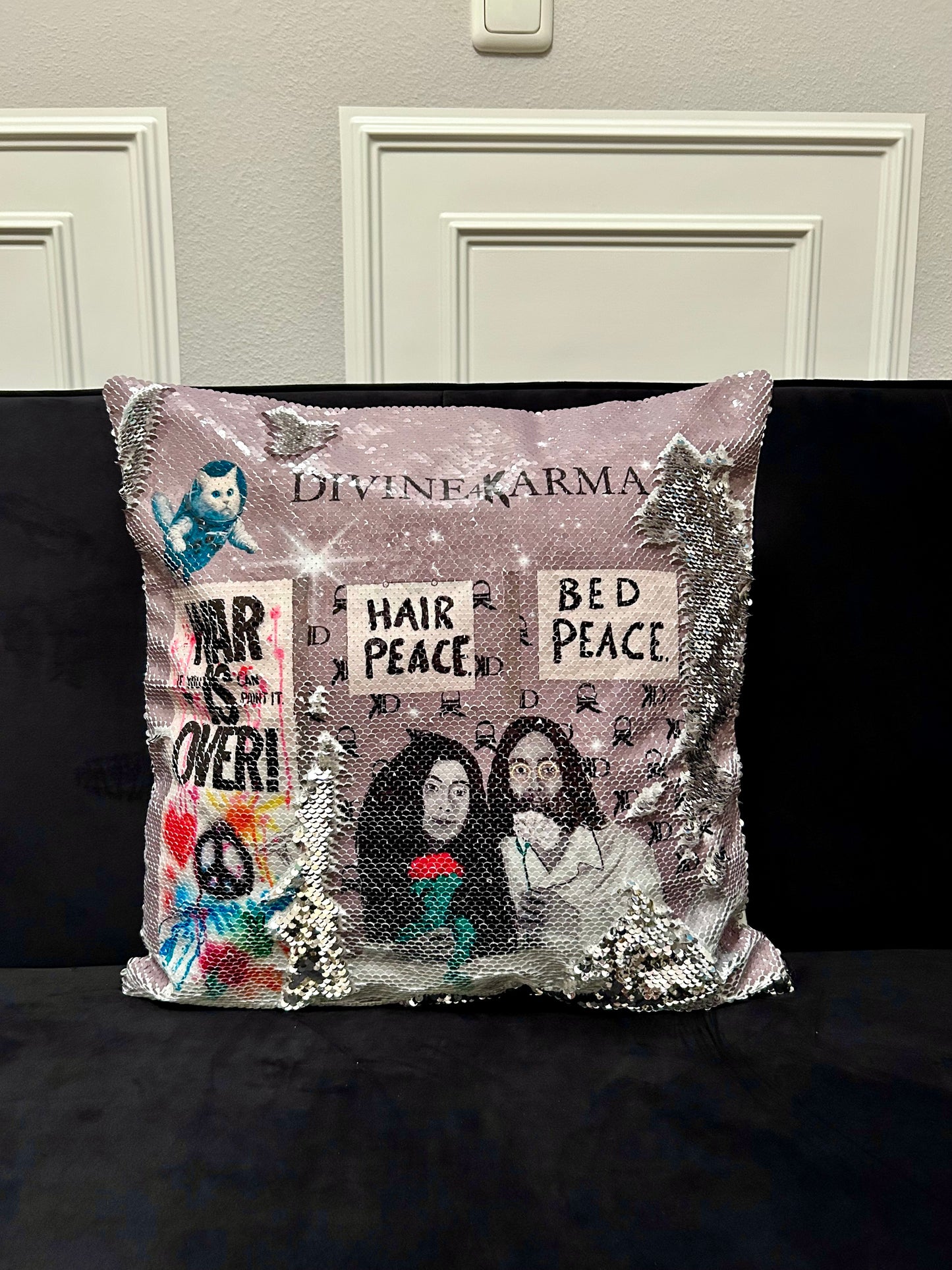 Pailletten-Kissen „Yoko & John for Peace“ mit selbstgemaltem Motiv (nur Bezug), 45x45cm