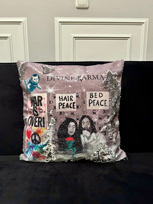 Pailletten-Kissen „Yoko & John for Peace“ mit selbstgemaltem Motiv (nur Bezug), 45x45cm