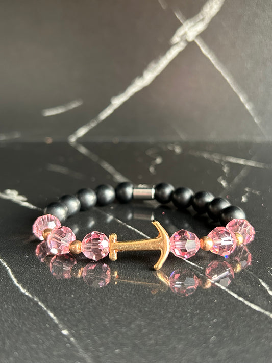 Heilstein-Perlenarmband „Heal“, Motiv Anker, Farbe: rosa/ schwarz