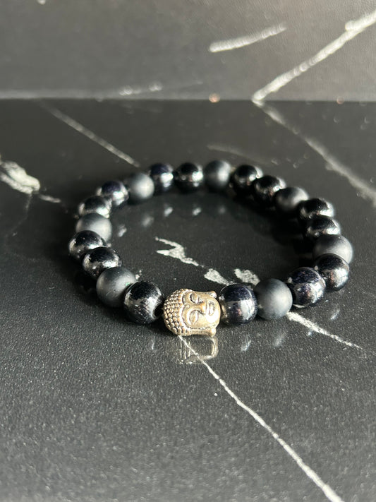 Heilstein-Perlenarmband „Zen“, Motiv Buddha, Farbe schwarz, Größe S