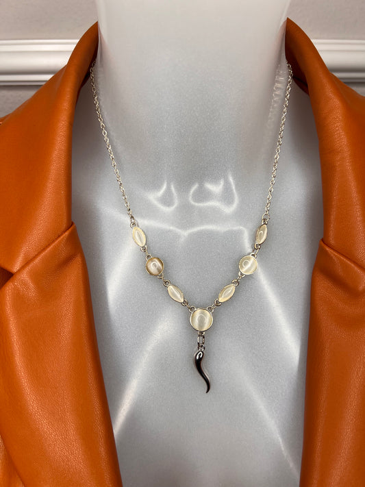 Halskette „Pure Selenit“, 14KT gold plated mit Heilsteinen und Glücks-Horn