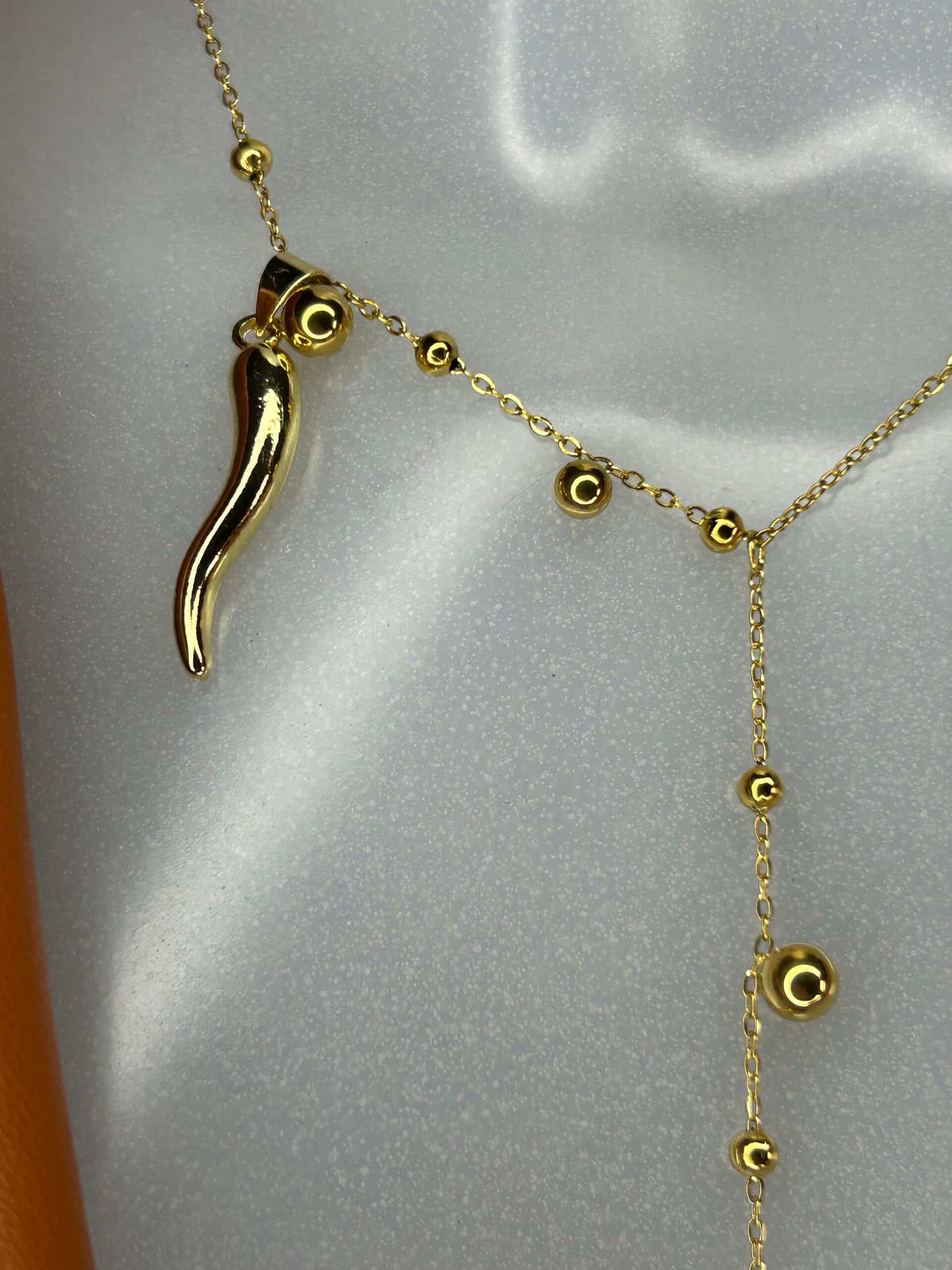 Kugel-Halskette „Amazonit Balence“, 14KT gold plated mit Heilsteinen und Glücks-Horn