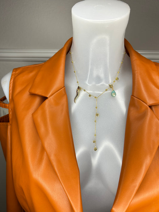 Kugel-Halskette „Amazonit Balence“, 14KT gold plated mit Heilsteinen und Glücks-Horn