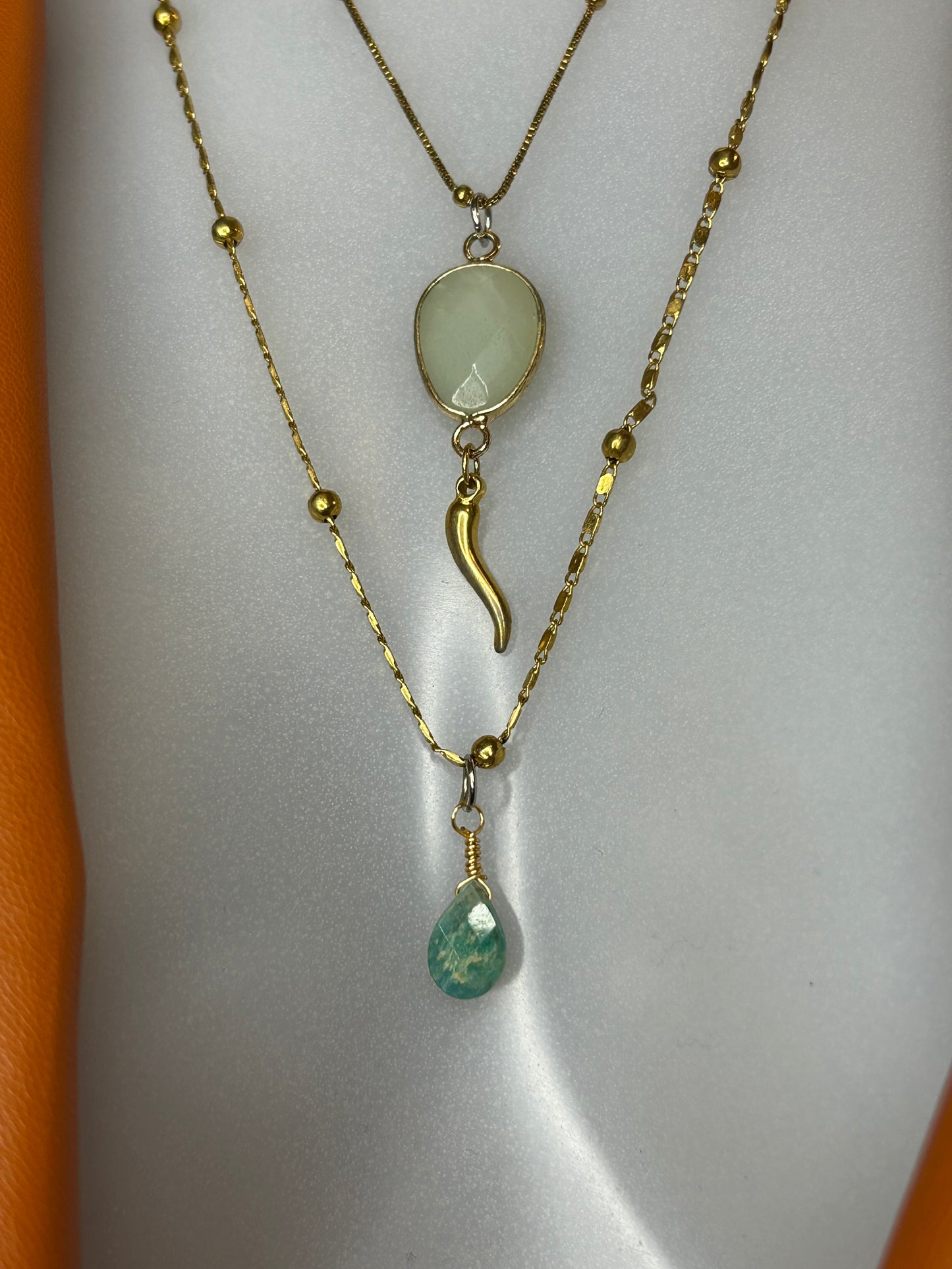 2-er Halskette „Amazonit Balence“, 14KT gold plated mit Heilsteinen und Glücks-Horn