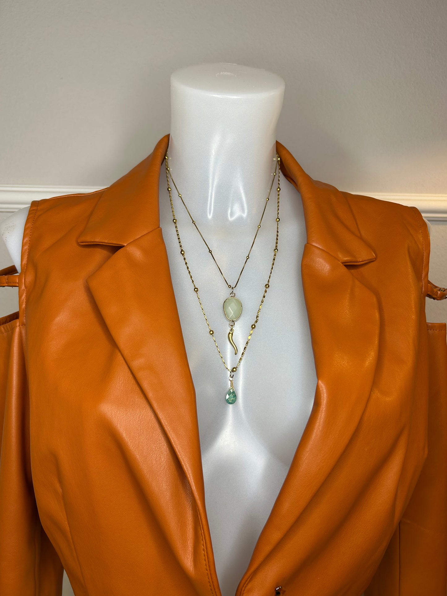 2-er Halskette „Amazonit Balence“, 14KT gold plated mit Heilsteinen und Glücks-Horn