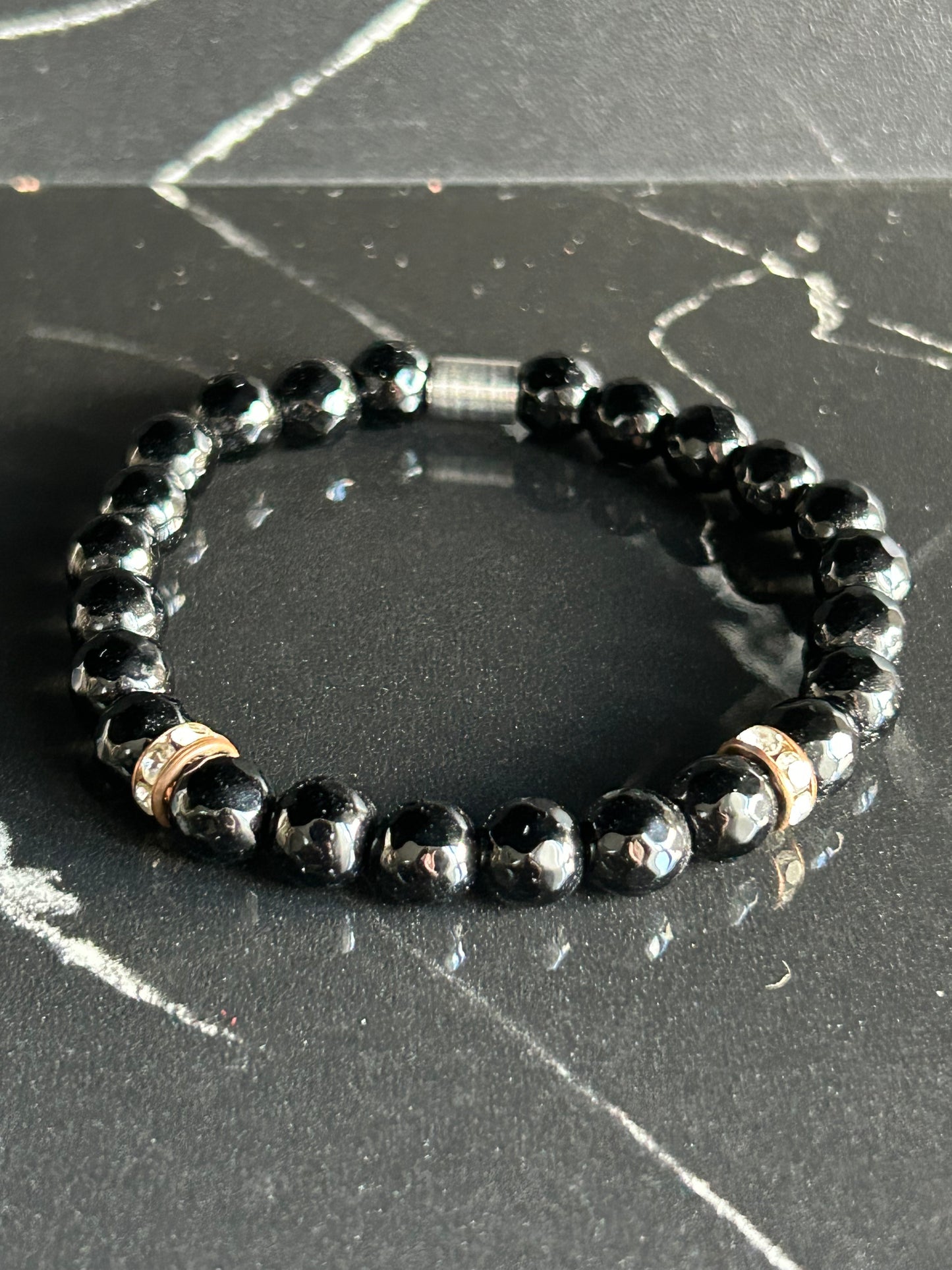 Heilstein-Perlenarmband „Heal“ mit Strass, Farbe schwarz, Größe M