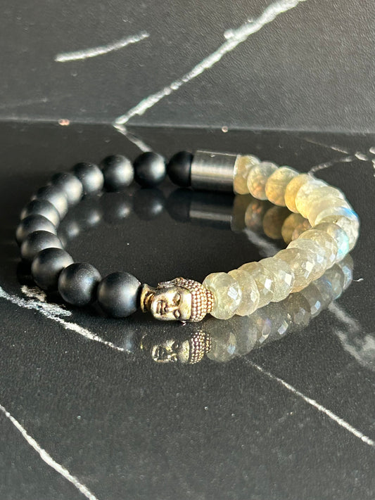 Heilstein-Perlenarmband „Zen“ mit Buddha, Farbe schwarz/kristal, Größe L